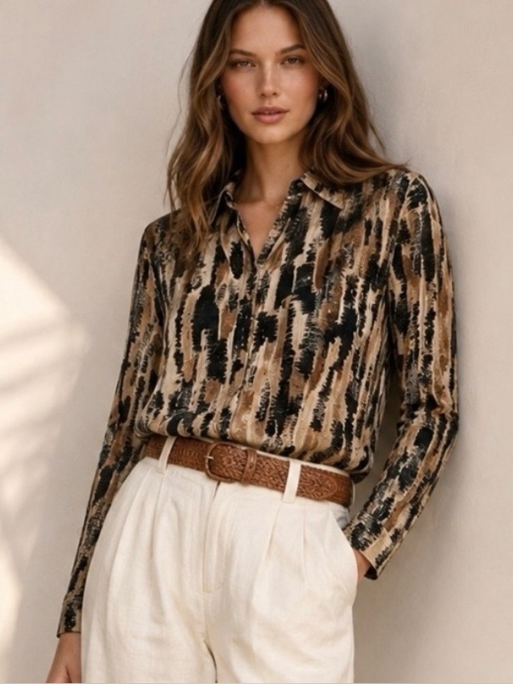 Earth Tone Button Down 1X Animal Print